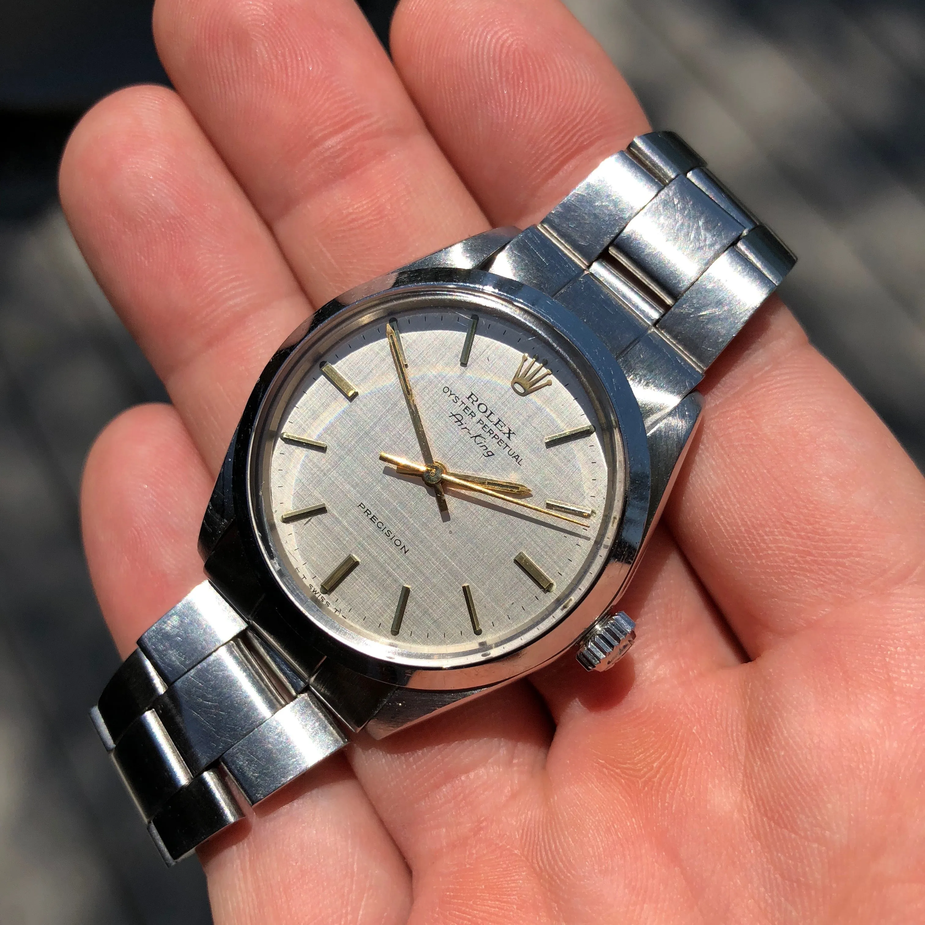 Vintage Rolex Air King 5500 Steel Linen Dial Caliber 1520 Automatic Wristwatch Circa 1973