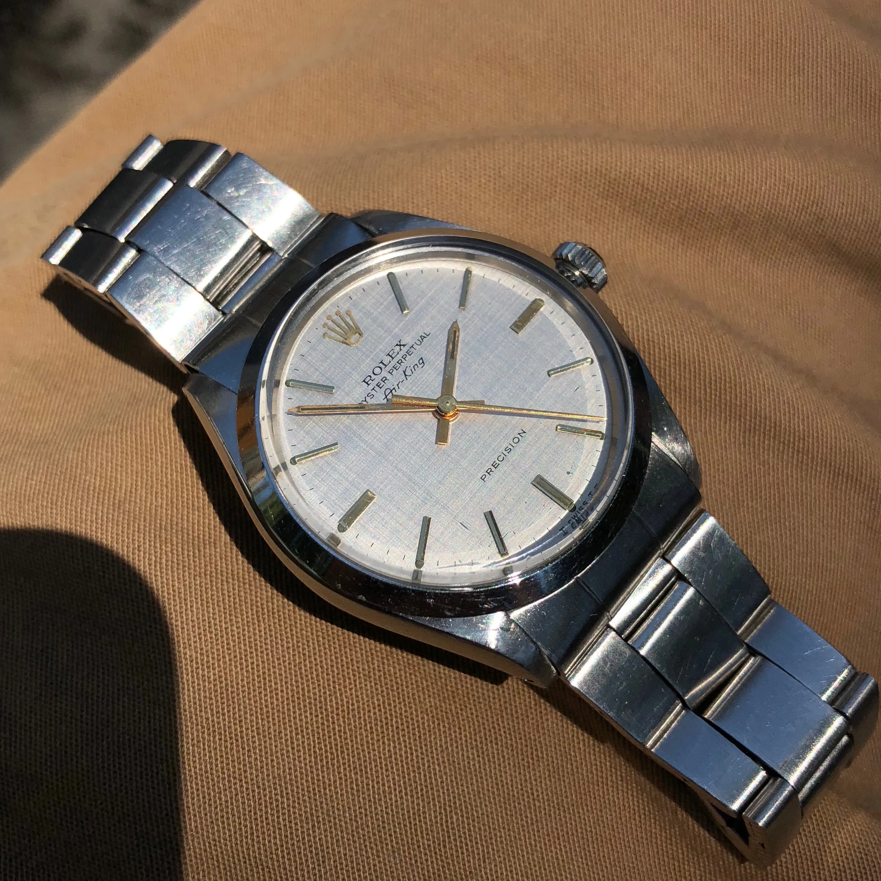 Vintage Rolex Air King 5500 Steel Linen Dial Caliber 1520 Automatic Wristwatch Circa 1973