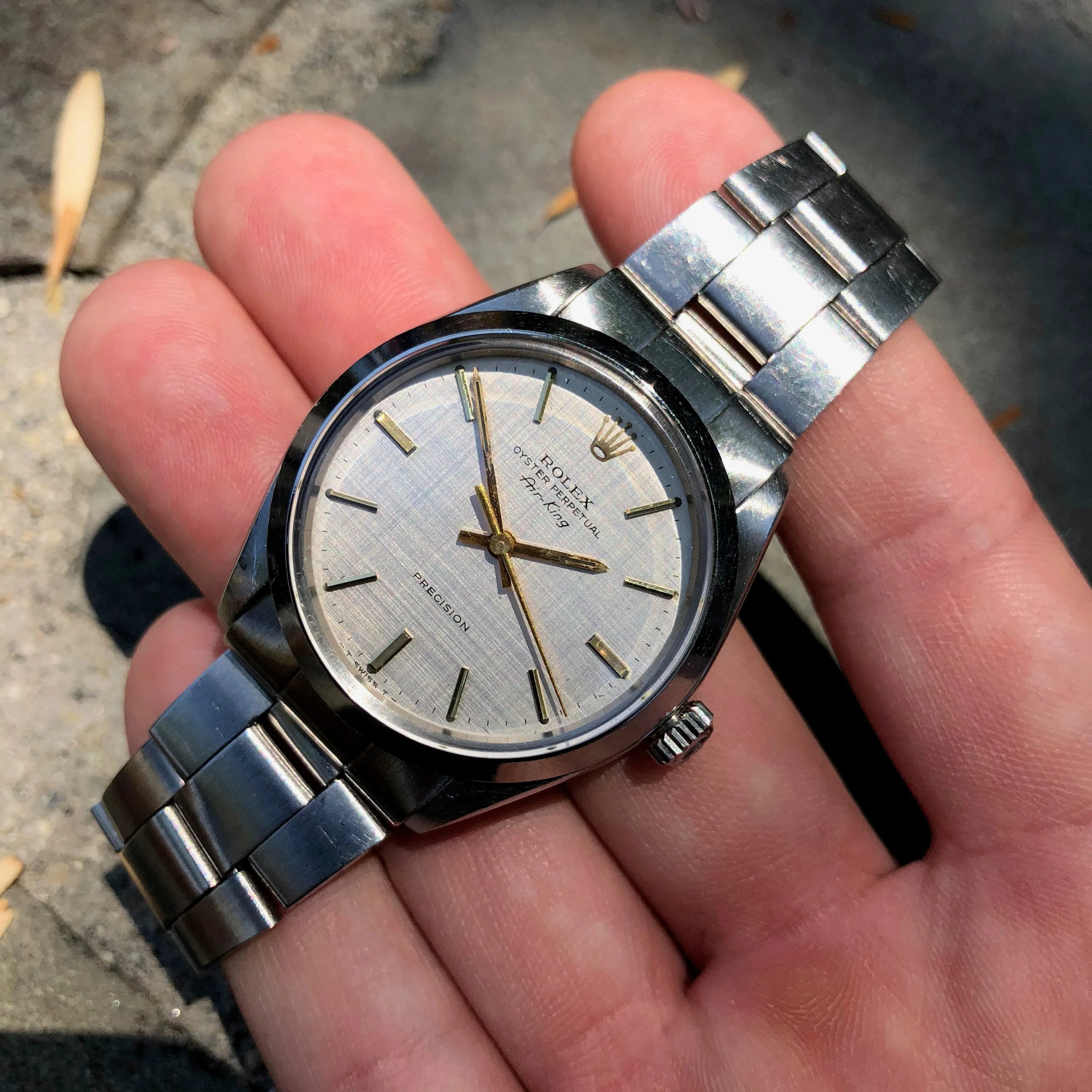 Vintage Rolex Air King 5500 Steel Linen Dial Caliber 1520 Automatic Wristwatch Circa 1973