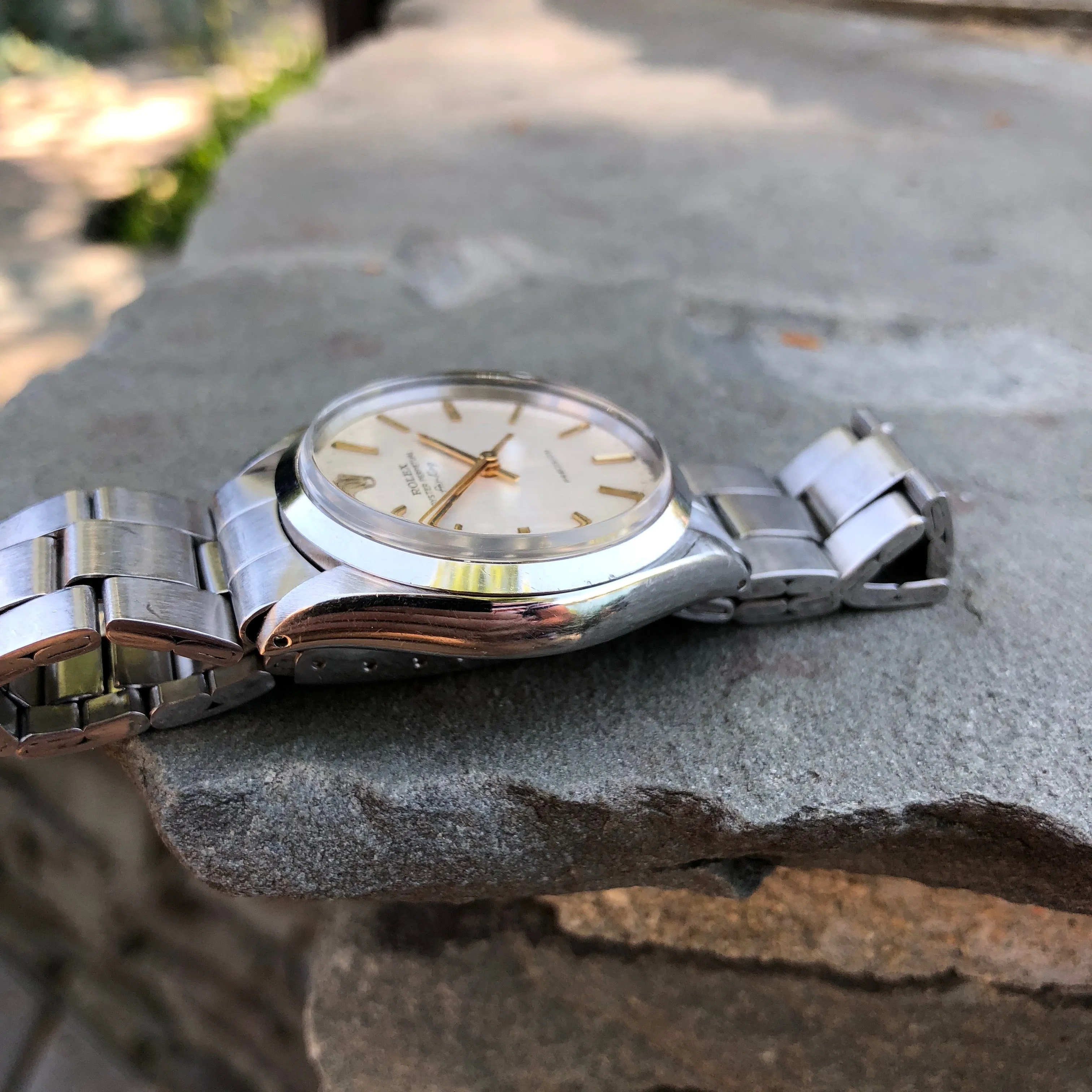Vintage Rolex Air King 5500 Steel Linen Dial Caliber 1520 Automatic Wristwatch Circa 1973