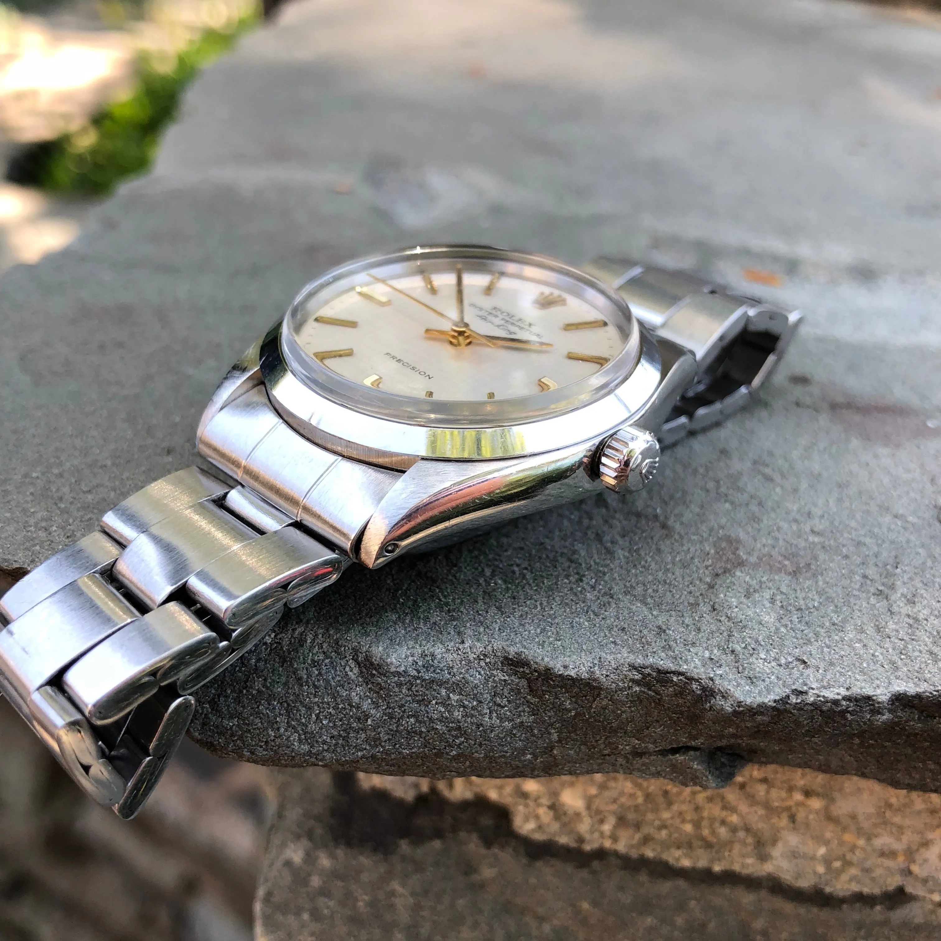 Vintage Rolex Air King 5500 Steel Linen Dial Caliber 1520 Automatic Wristwatch Circa 1973