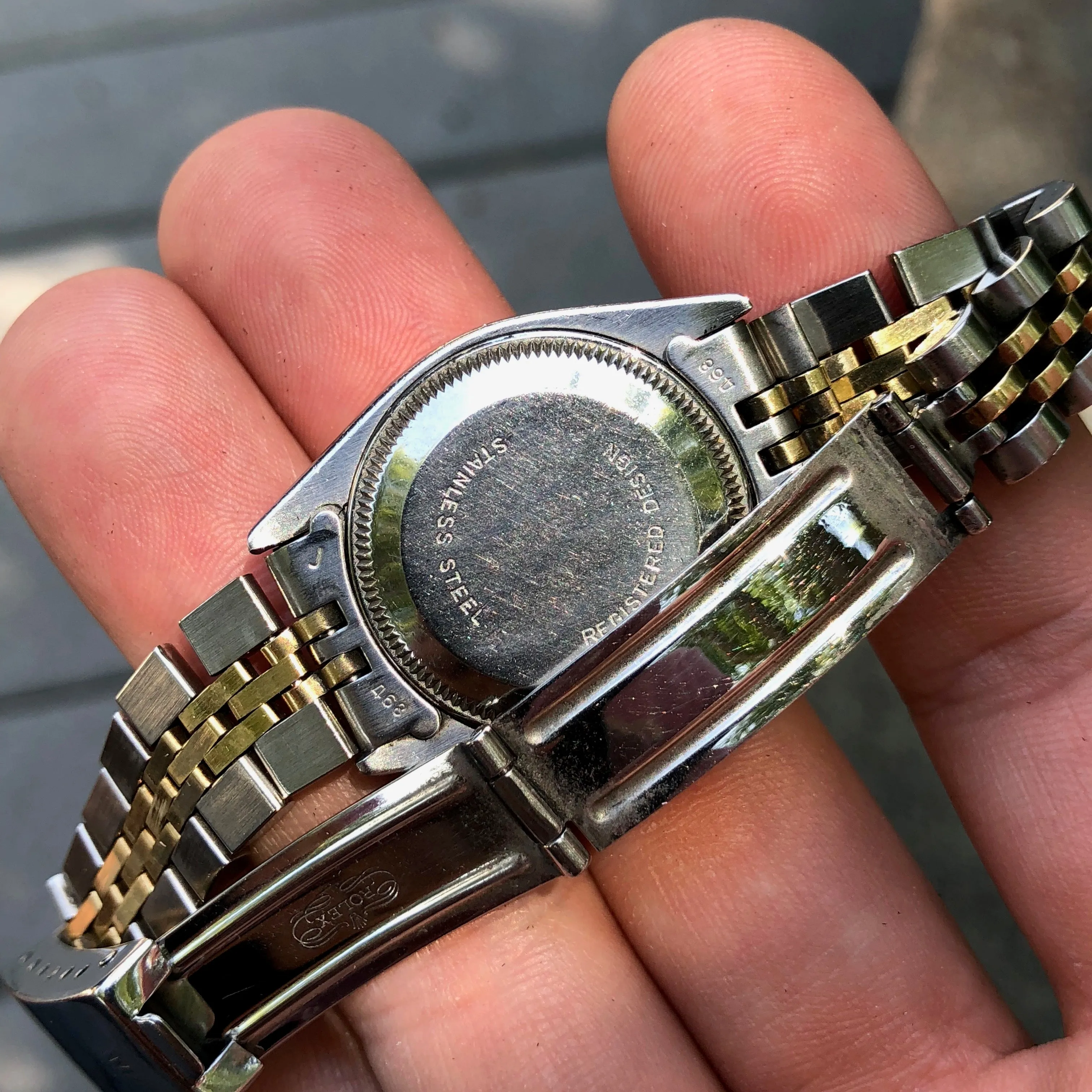 Vintage Rolex Date 6917 Ladies Two Tone Champagne Stick Steel 18K Wristwatch Circa 1979
