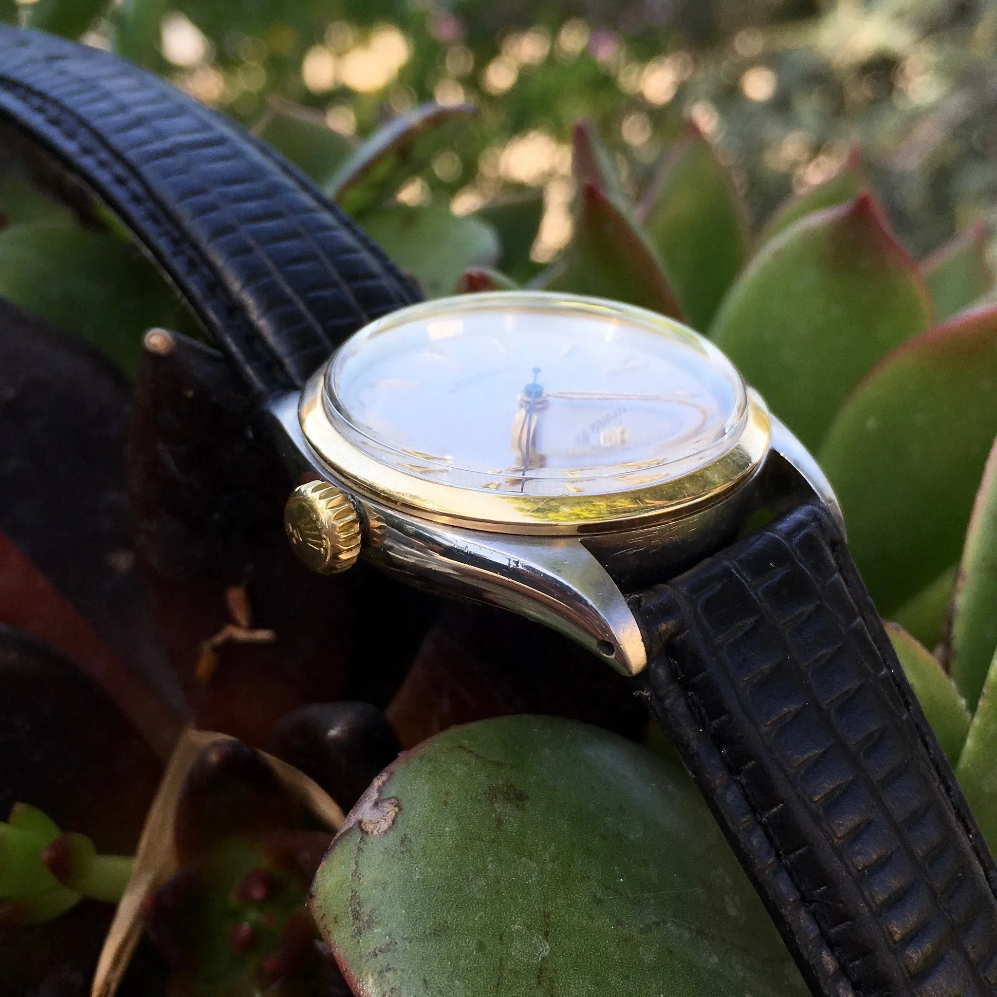 Vintage Rolex Oyster Perpetual 6284 Two Tone Steel White Waffle Dial Watch