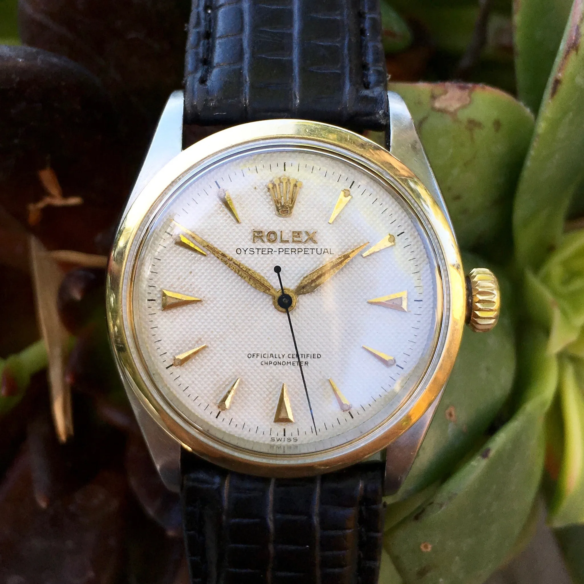 Vintage Rolex Oyster Perpetual 6284 Two Tone Steel White Waffle Dial Watch