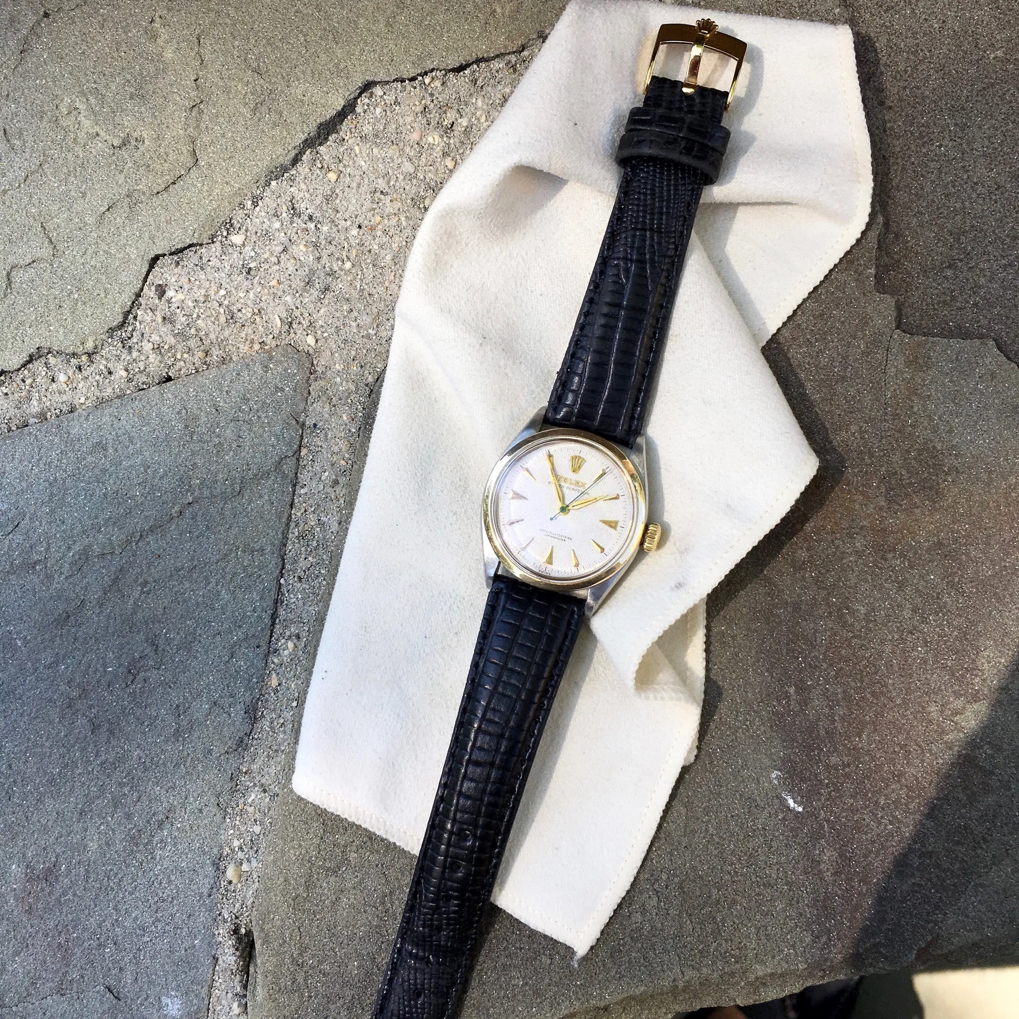 Vintage Rolex Oyster Perpetual 6284 Two Tone Steel White Waffle Dial Watch