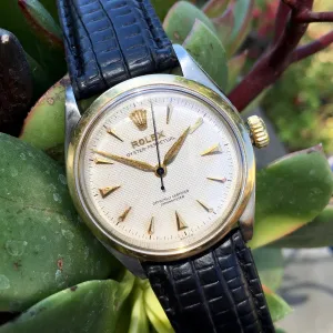 Vintage Rolex Oyster Perpetual 6284 Two Tone Steel White Waffle Dial Watch