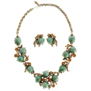 Vintage Signed  Schiaparelli  Gum Drop Jewelry  Parure Necklace & Ears 1950s Aqua & Gold