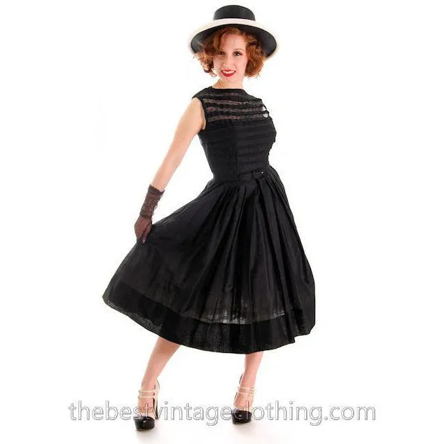 Vintage Summer Dress MCM Sheer Black Cotton Great Details 1950s R&K Original Small