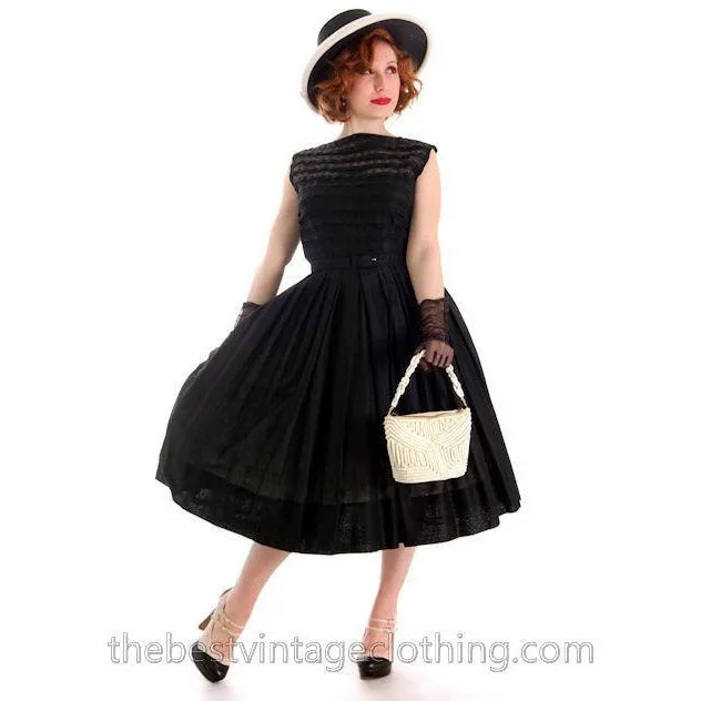 Vintage Summer Dress MCM Sheer Black Cotton Great Details 1950s R&K Original Small