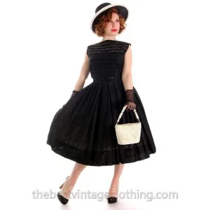 Vintage Summer Dress MCM Sheer Black Cotton Great Details 1950s R&K Original Small