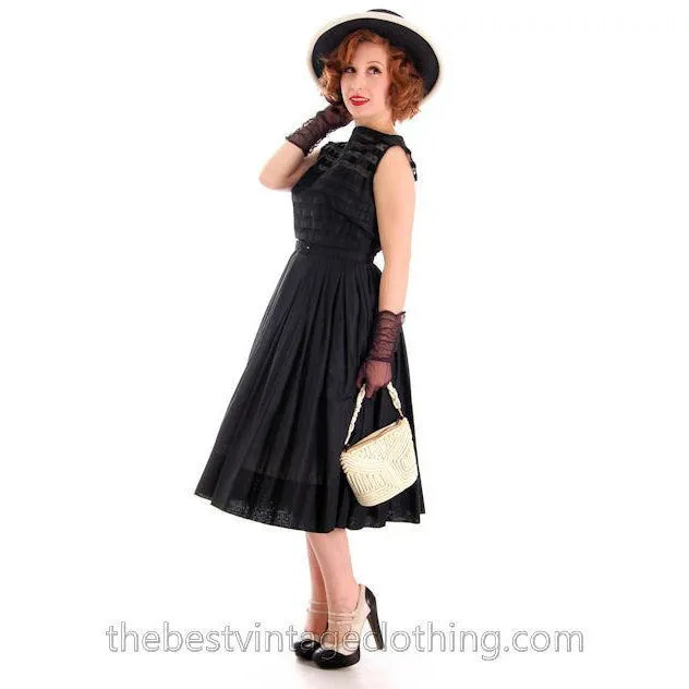 Vintage Summer Dress MCM Sheer Black Cotton Great Details 1950s R&K Original Small