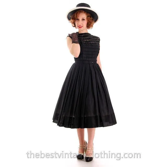 Vintage Summer Dress MCM Sheer Black Cotton Great Details 1950s R&K Original Small