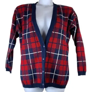 Vintage Sweater Toi Size Medium Blue Red White Plaid Button Up Shoulder Pads