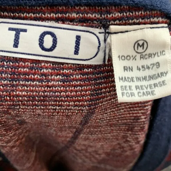 Vintage Sweater Toi Size Medium Blue Red White Plaid Button Up Shoulder Pads