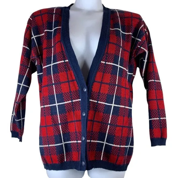 Vintage Sweater Toi Size Medium Blue Red White Plaid Button Up Shoulder Pads