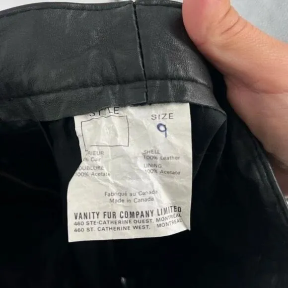 Vintage Vanity Fur Co Women's Leather Flat Front Mini Pencil Skirt Black Size 9