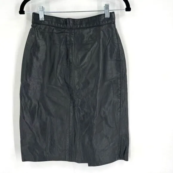 Vintage Vanity Fur Co Women's Leather Flat Front Mini Pencil Skirt Black Size 9