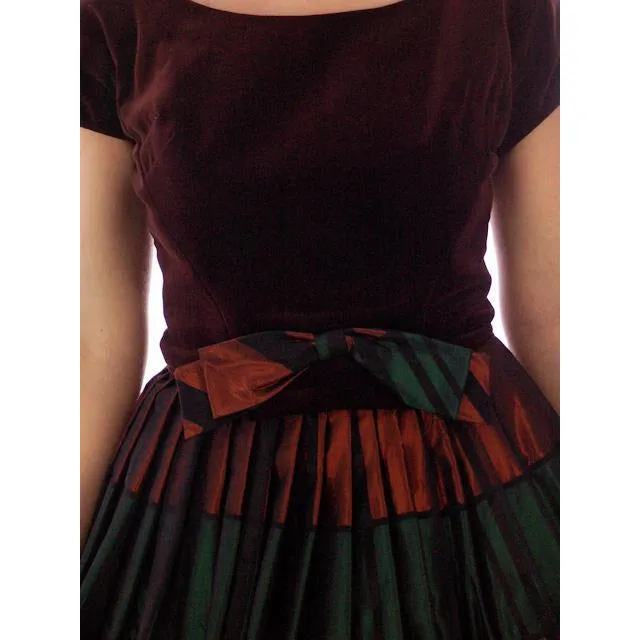 Vintage Velvet, Emerald & Copper Iridescent Taffeta Bubble Dress 1940s 34-24-Free