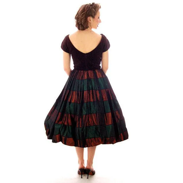 Vintage Velvet, Emerald & Copper Iridescent Taffeta Bubble Dress 1940s 34-24-Free
