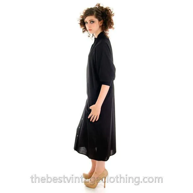 Vintage Vuokko Suomi Finland Sheer Fine Wool Dress Snap Front Black 1970s XS