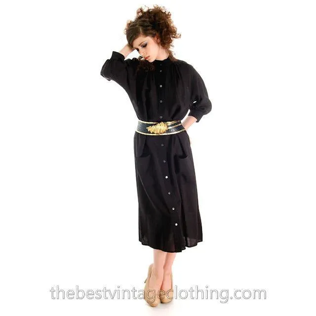 Vintage Vuokko Suomi Finland Sheer Fine Wool Dress Snap Front Black 1970s XS