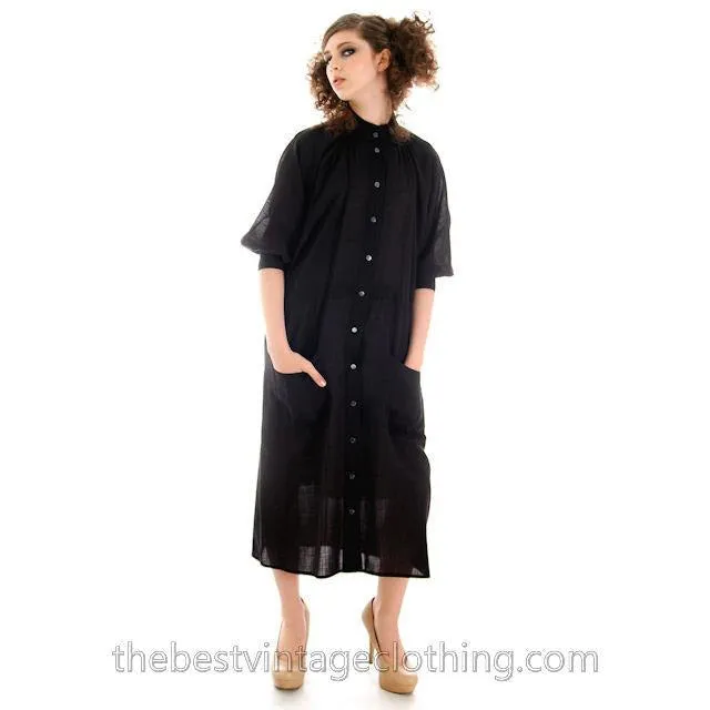 Vintage Vuokko Suomi Finland Sheer Fine Wool Dress Snap Front Black 1970s XS