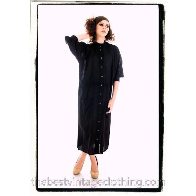 Vintage Vuokko Suomi Finland Sheer Fine Wool Dress Snap Front Black 1970s XS