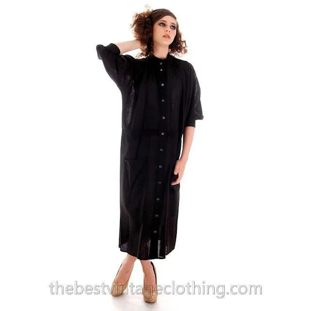 Vintage Vuokko Suomi Finland Sheer Fine Wool Dress Snap Front Black 1970s XS