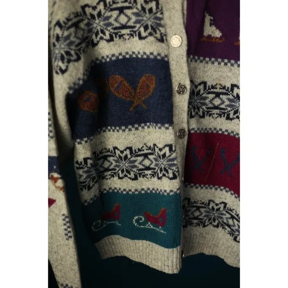 Vintage Woolrich L Women's Winter ice-skates sled Cardigan Sweater 100% Wool