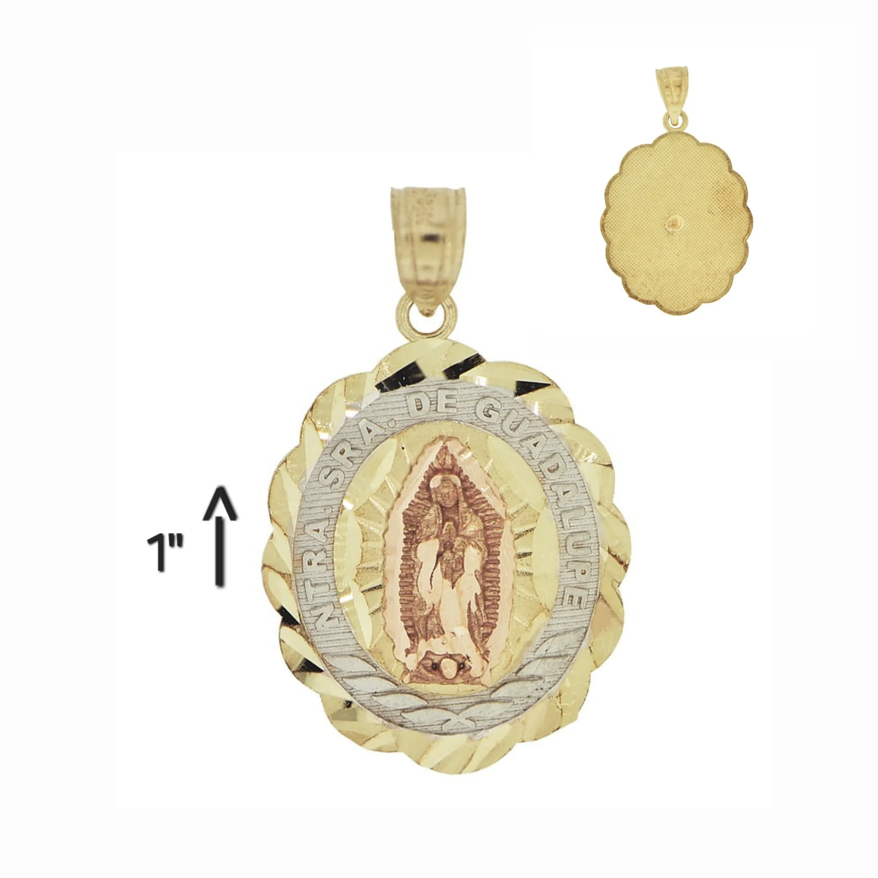 Virgin Mary Ntra Sra De Guadalupe Religious Charm Oval Sparkly Cuts 14K Gold Two Tone Pendant