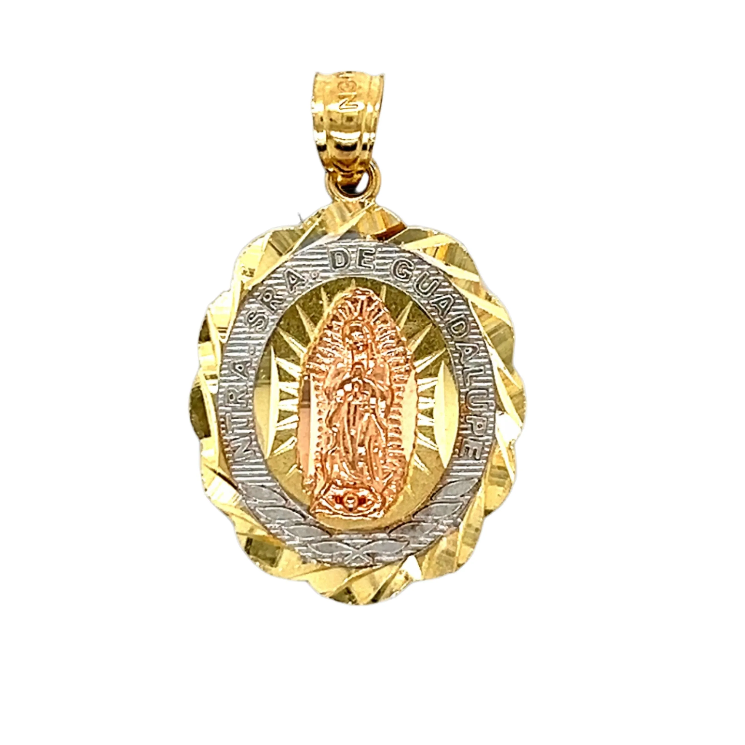 Virgin Mary Ntra Sra De Guadalupe Religious Charm Oval Sparkly Cuts 14K Gold Two Tone Pendant