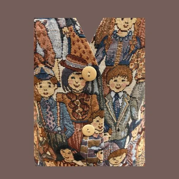 VTG FACETS By Mirrors Women's Children of the World Tapestry Vest Brown Size M