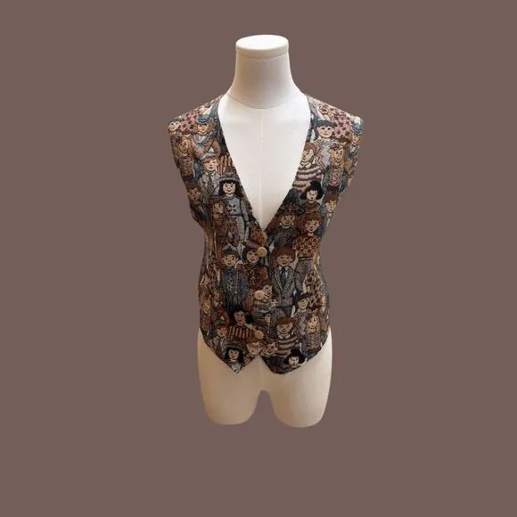 VTG FACETS By Mirrors Women's Children of the World Tapestry Vest Brown Size M