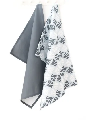 Waltz Linen Cotton Tea Towel (18.5x25) – Set of 2 (Patterned Pale Blue & Solid Charcoal)
