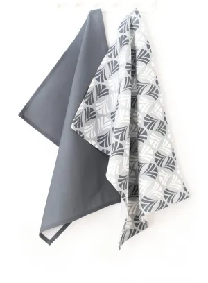 Waltz Linen Cotton Tea Towel (18.5x25) – Set of 2 (Patterned Pale Grey & Solid Charcoal)