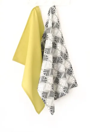 Waltz Linen Cotton Tea Towel (18.5x25) – Set of 2 (Patterned Pale Grey & Solid Moss)