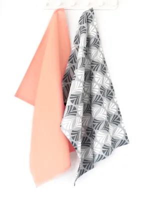 Waltz Linen Cotton Tea Towel (18.5x25) – Set of 2 (Patterned Pale Grey & Solid Salmon)