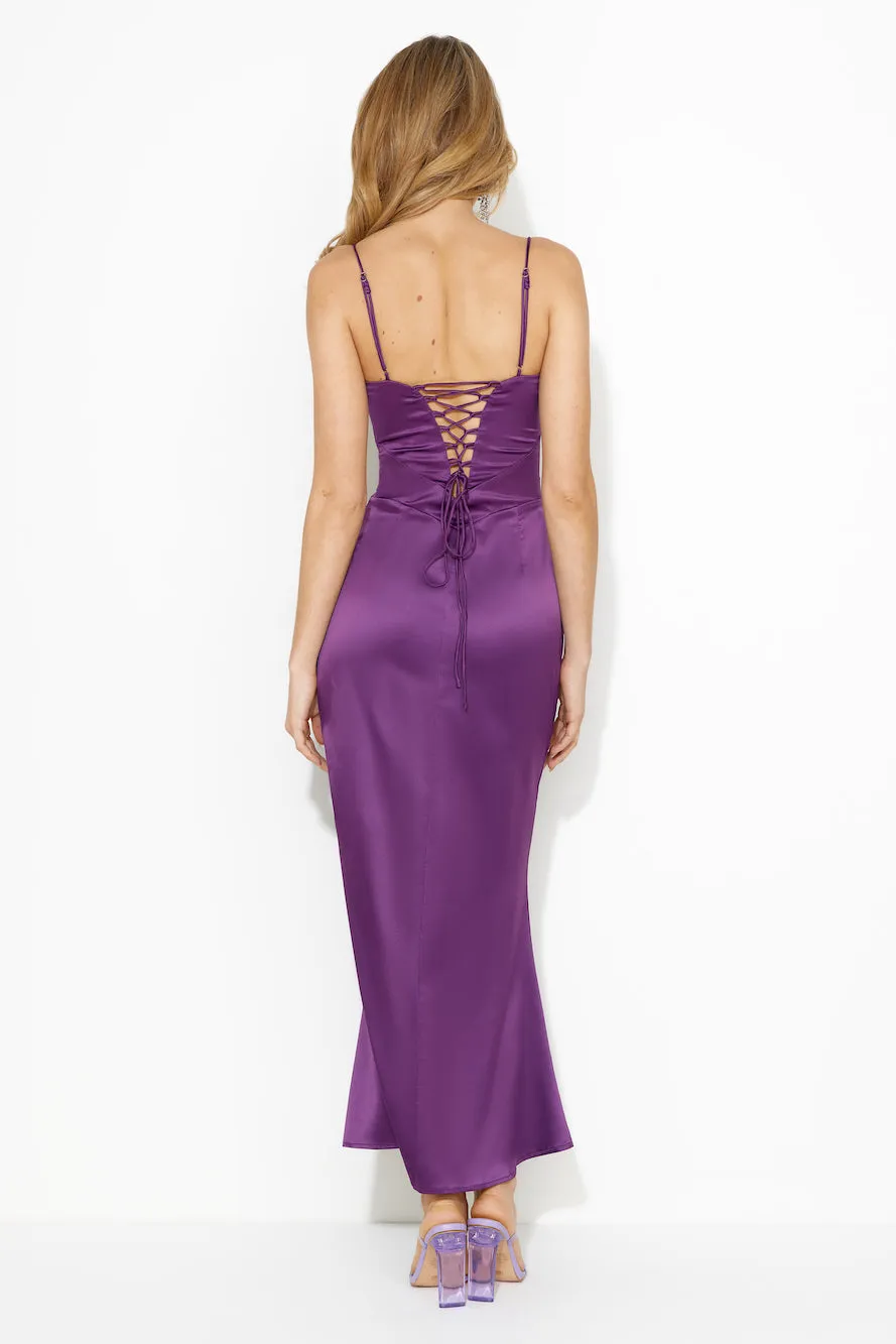 What Dreams Are Made Of Satin Maxi Dress Plum