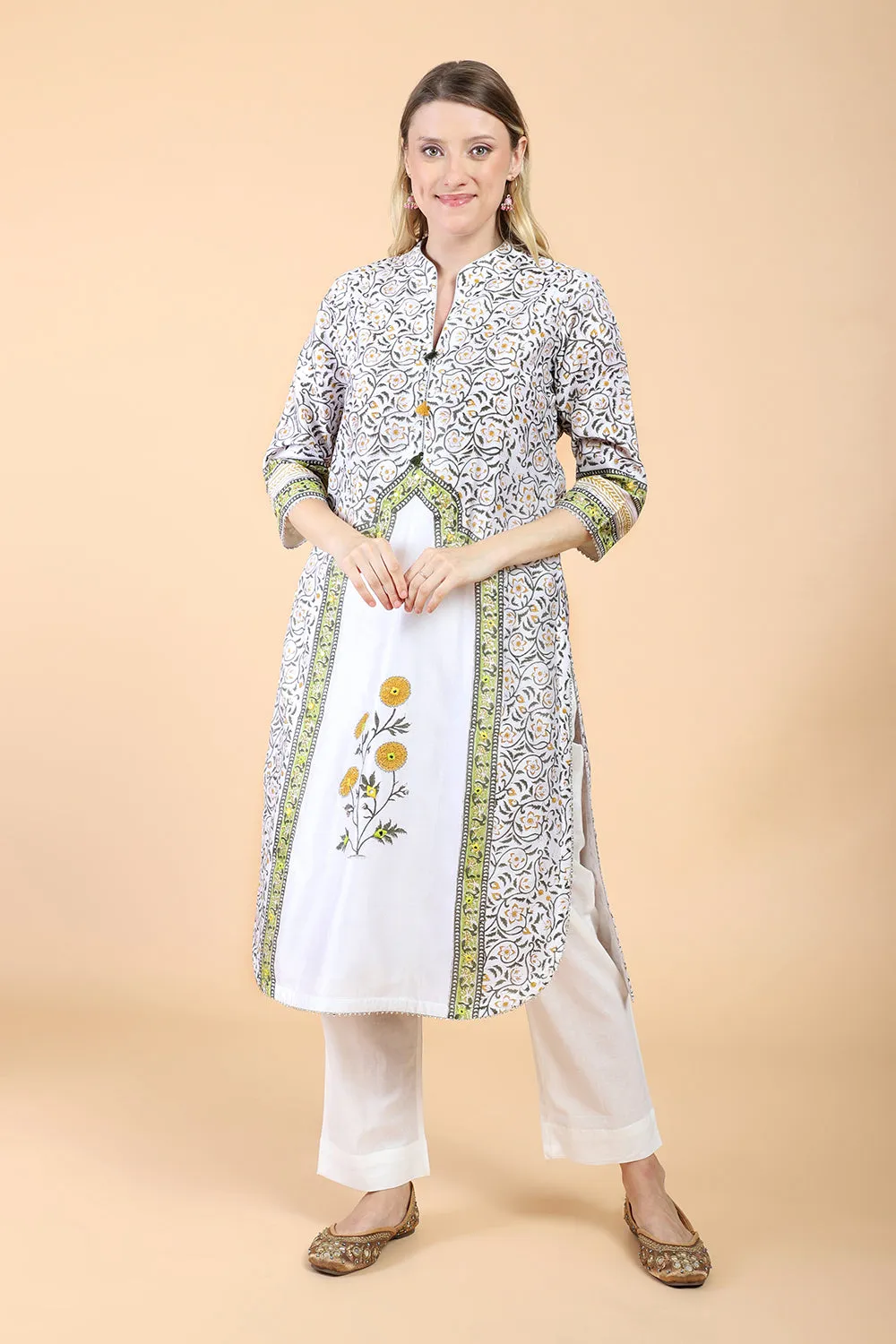 White block print with embroidered kurta suit set