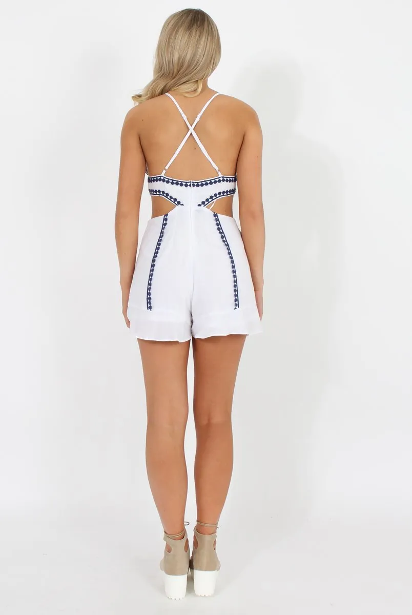White Cut Out Embroidered Playsuit - Raven