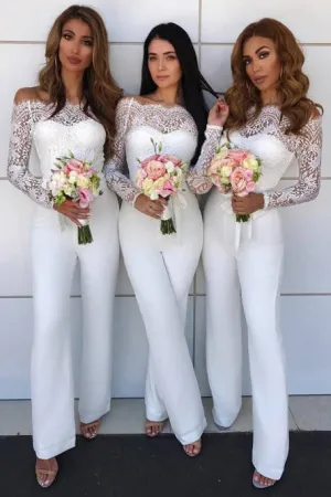 White Off-the-Shoulder Long Sleeves Jumpsuit Bridesmaid with Lace OHS067