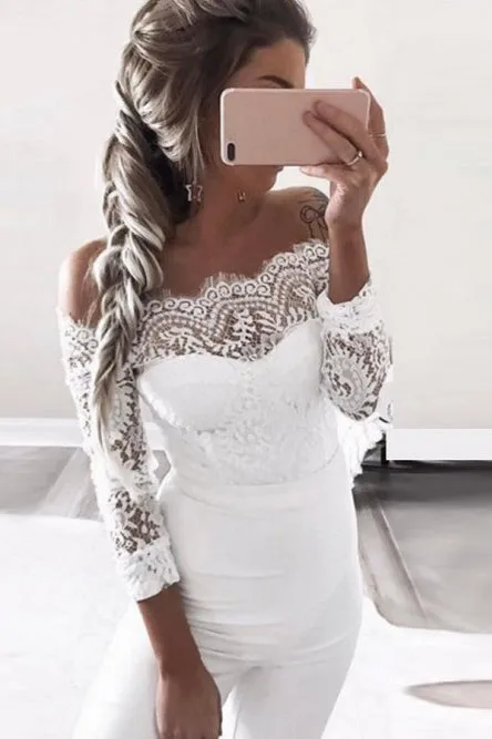 White Off-the-Shoulder Long Sleeves Jumpsuit Bridesmaid with Lace OHS067