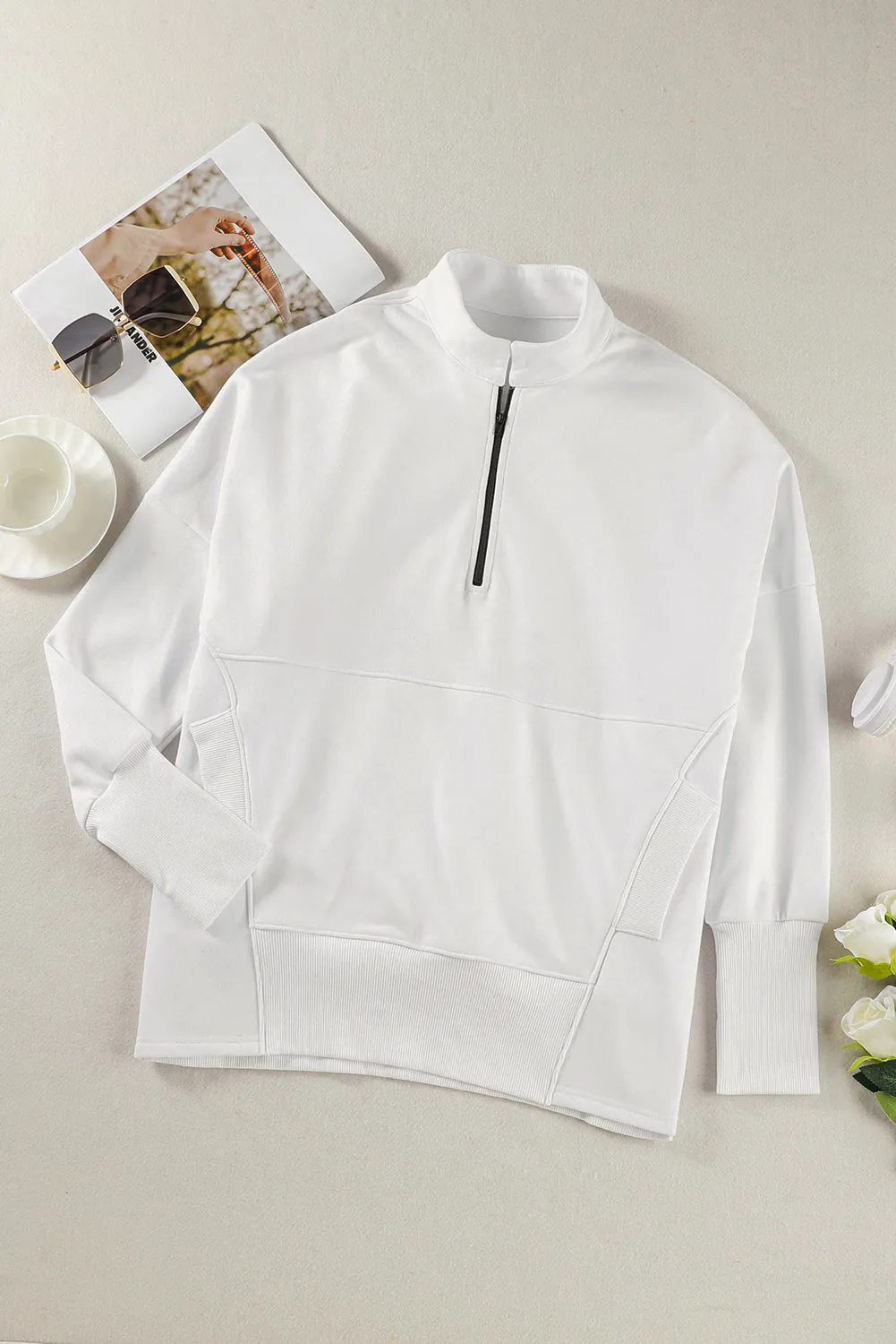 White Oversized Quarter-Zip Pullover Sweatshirt