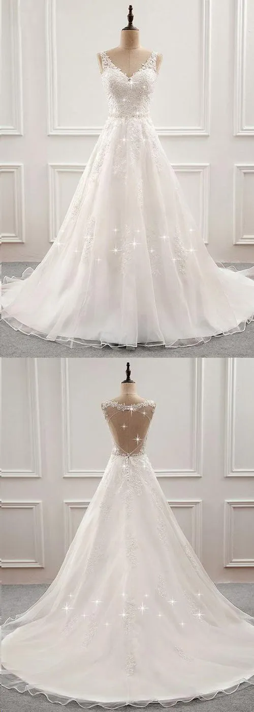 White Romantic Open Back Sweep Train Wedding Dresses with Appliques, SW232