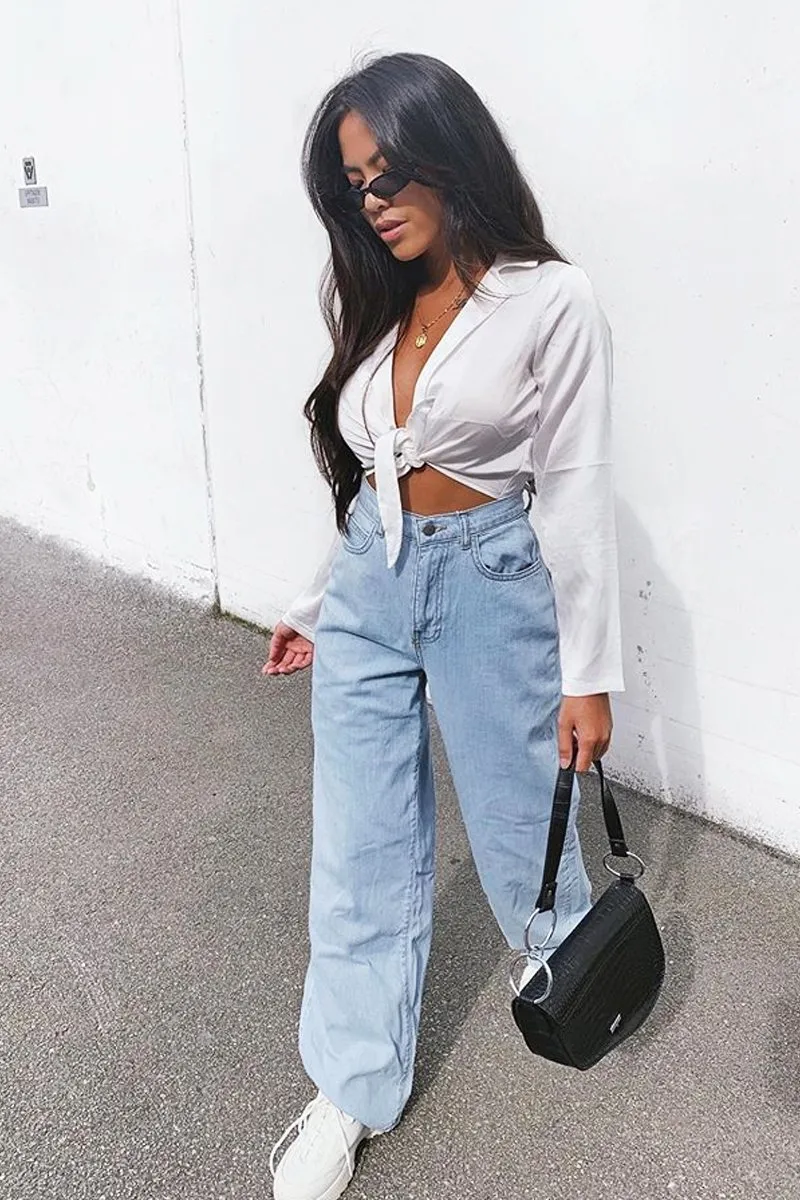 White Satin Cut Out Tie Front Bodysuit -Ezabella