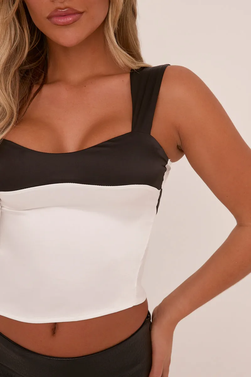 White Satin Monochrome Tie Back Top - Melora