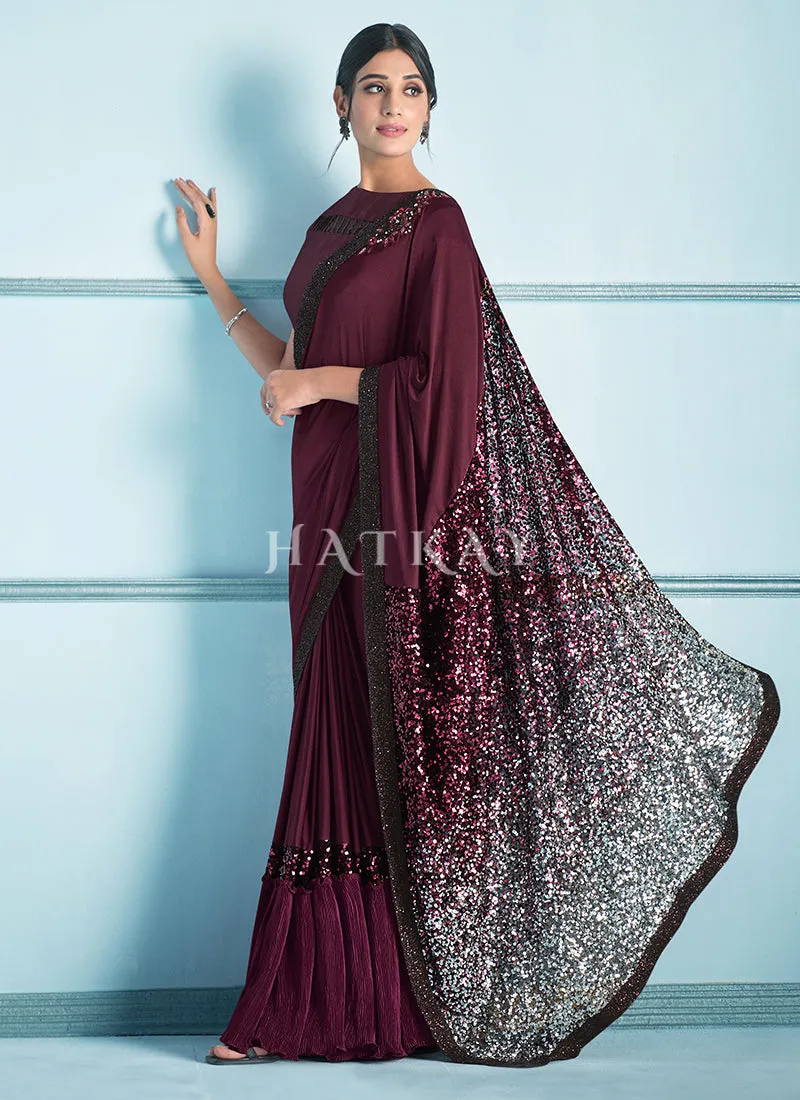 Wine Silver Sequence Embroidered Festive Saree