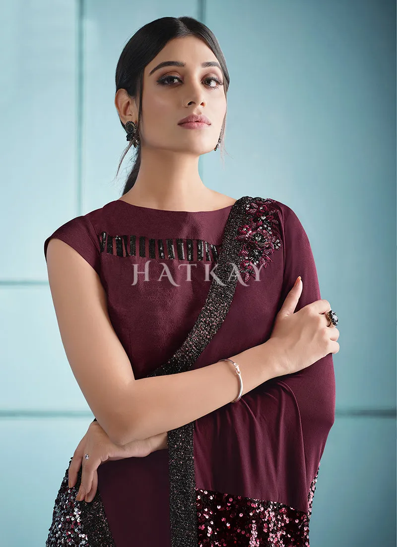 Wine Silver Sequence Embroidered Festive Saree
