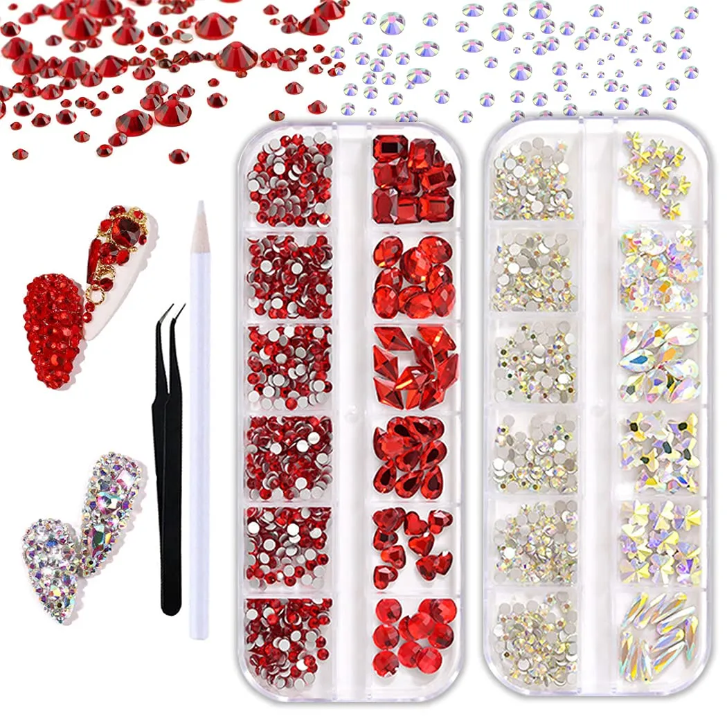WOKOTO 2 Box Flat Back Champagne And Red Nail Rhinestones And Crystal Set For Acrylic Nails Fake Diamonds Rhinestones Set With Nail Tweezers And Pencils Kit For Girls Women