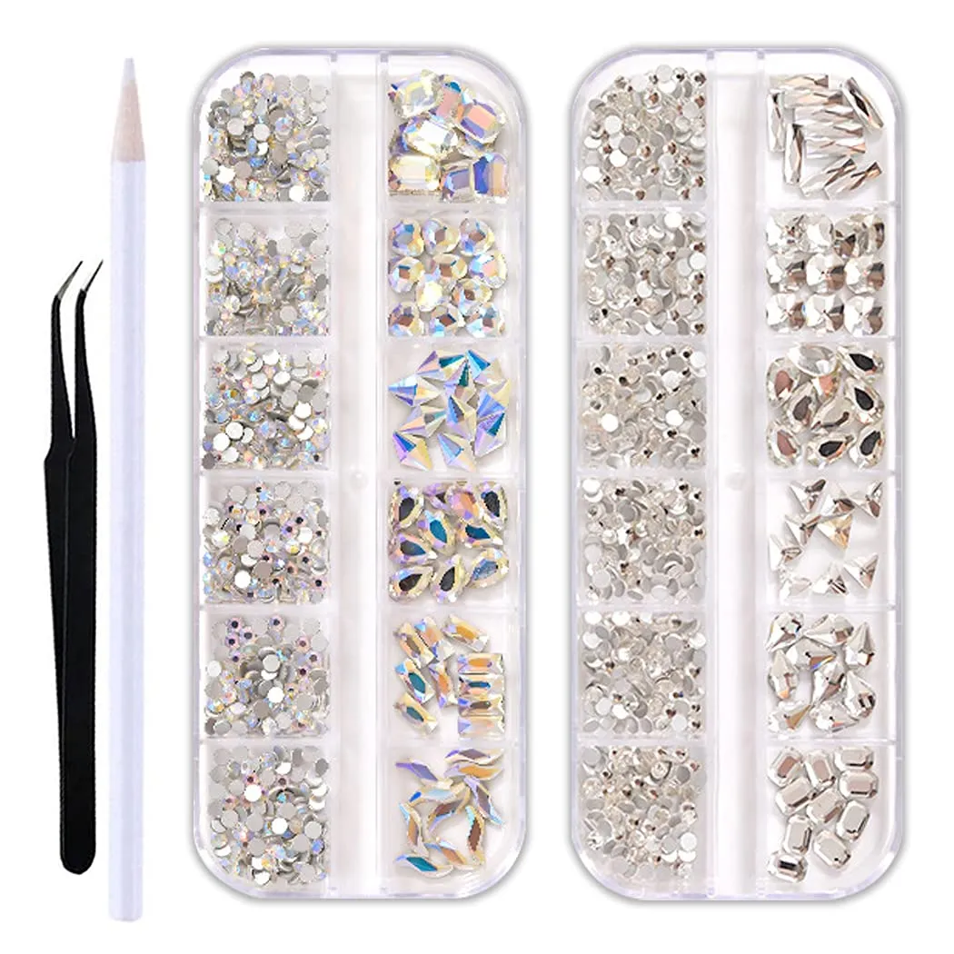 WOKOTO 2 Box Flat Back Champagne And Red Nail Rhinestones And Crystal Set For Acrylic Nails Fake Diamonds Rhinestones Set With Nail Tweezers And Pencils Kit For Girls Women